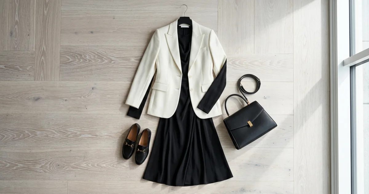 Fluid black silk-crepe midi dress layered with tailored cream wool blazer, polished black horsebit loafers, and structured black leather handbag on a pale Scandinavian oak floor