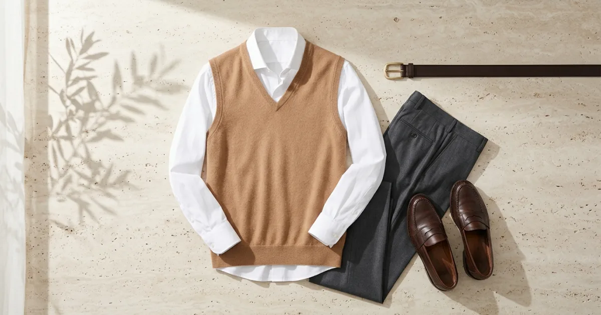 Camel cashmere V-neck sweater vest layered over an open-collar white shirt with charcoal wool trousers, leather belt, and penny loafers on a honed travertine stone surface with dappled morning leaf shadows
