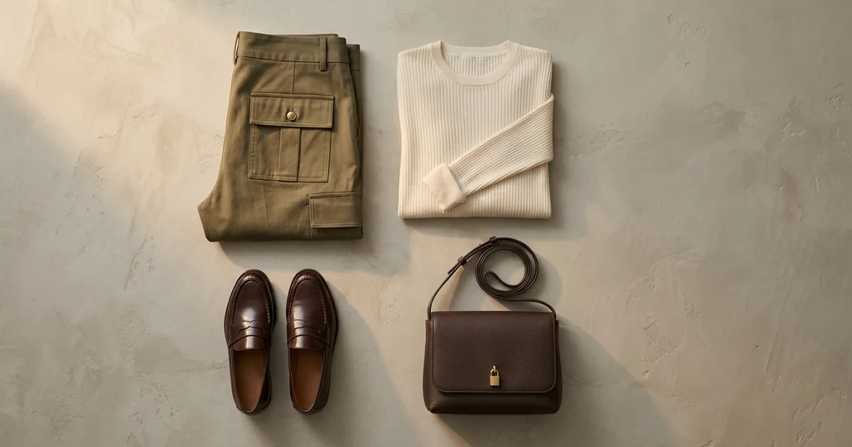Tailored olive-drab cotton-twill cargo trousers with refined utility pockets, ribbed cream knit top, chocolate leather penny loafers, and structured espresso shoulder bag on a warm greige plaster surface
