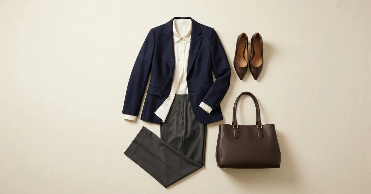 Navy blue wool blazer, ivory silk shirt, charcoal trousers, chocolate low heels, and brown leather tote bag on a warm ivory surface