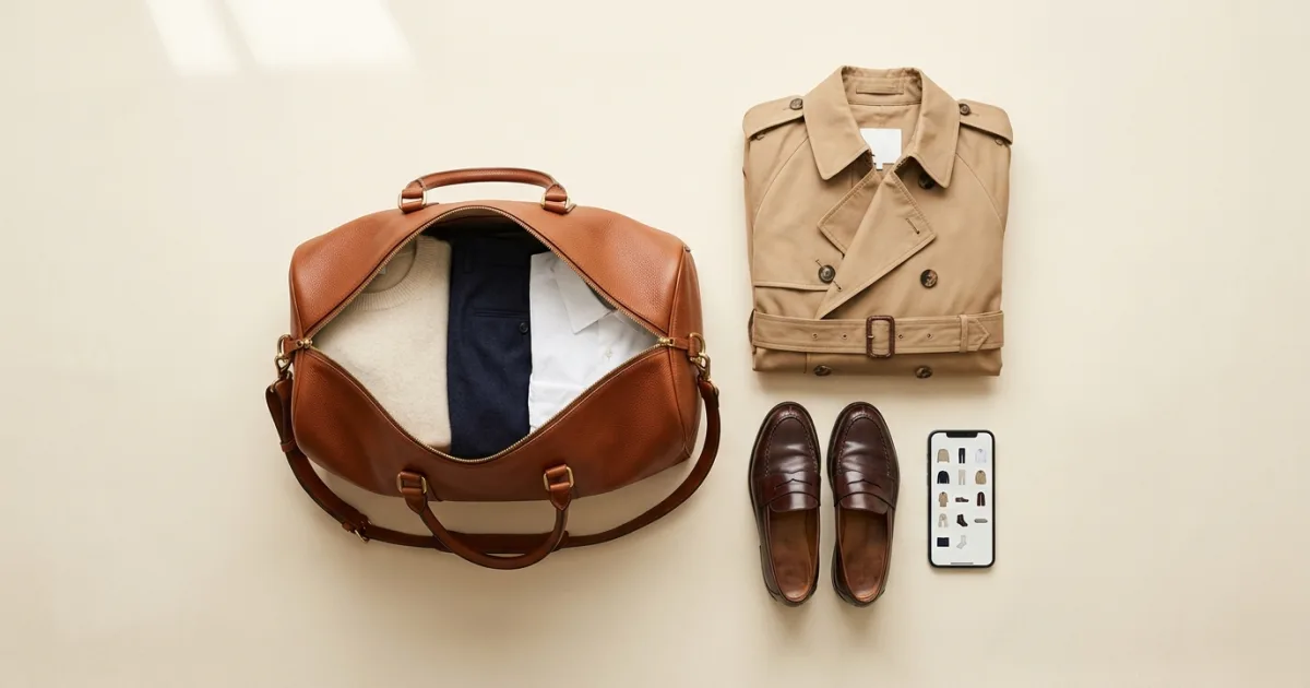 Cognac leather weekender bag packed with neutral garments beside a folded trench coat, penny loafers, and phone with packing grid on a warm ivory surface