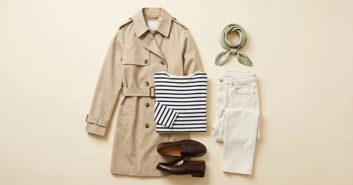 Stone beige trench coat, Breton striped top, ivory jeans, dark chocolate penny loafers, and sage green silk scarf on a warm ivory surface
