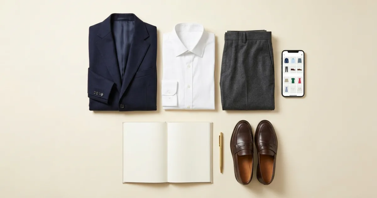 Navy wool blazer, white shirt, and charcoal trousers beside a phone displaying categorized closet items, blank inventory notebook, and loafers on a warm ivory surface