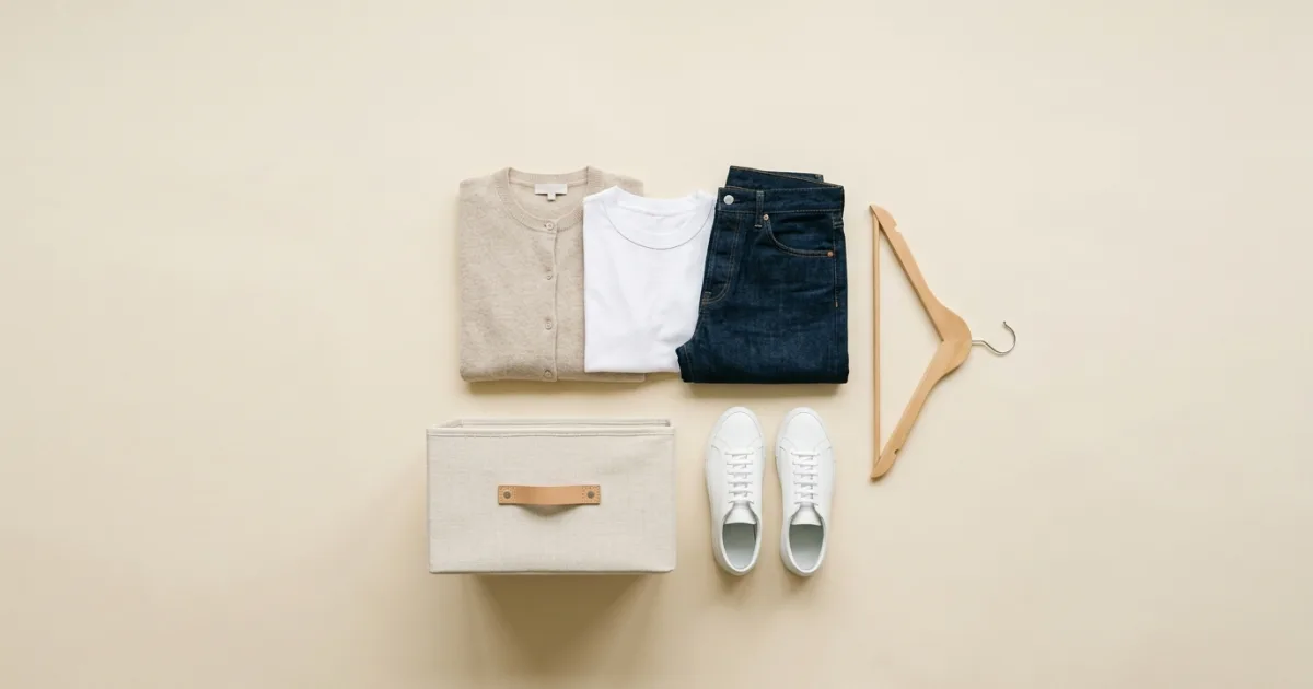 Oatmeal cashmere cardigan, white tee, and dark denim jeans beside a linen storage bin, beechwood hanger, and white leather sneakers on a warm ivory surface