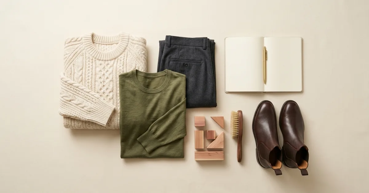 Chunky cream cable-knit sweater, olive merino top, and charcoal trousers beside cedar wood blocks, clothes brush, notebook, and leather boots on a warm ivory surface