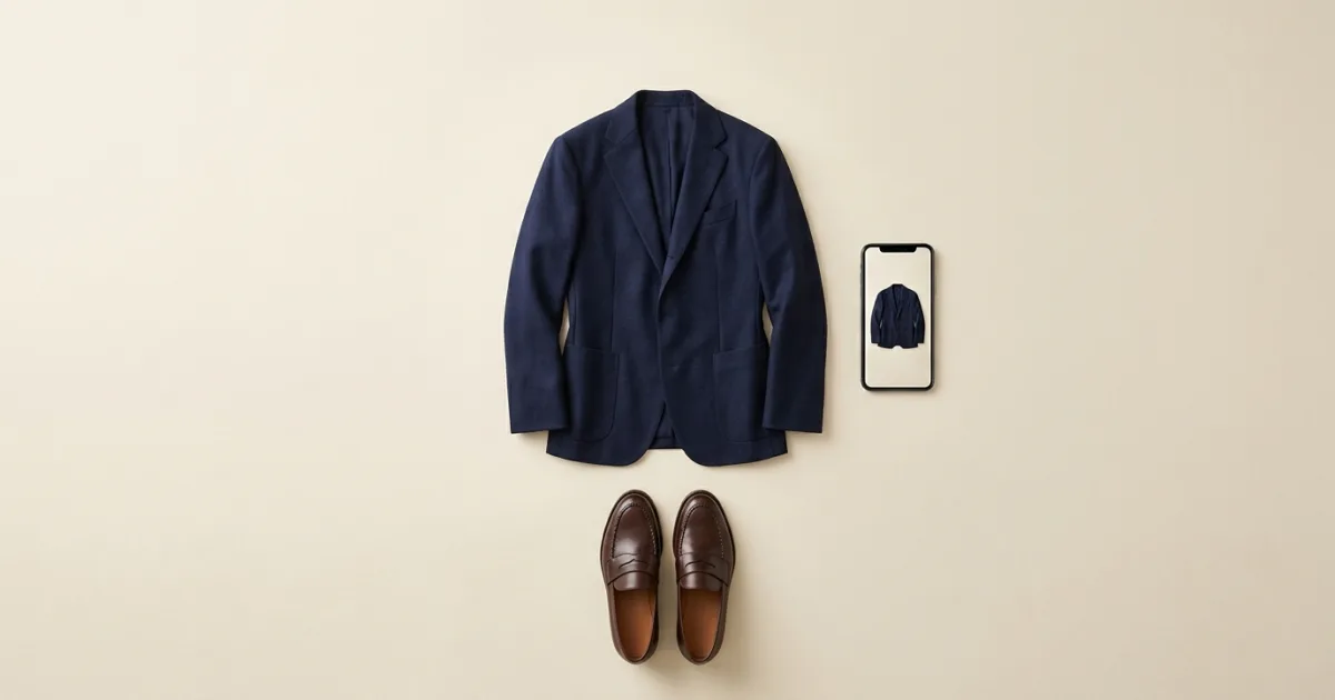 Tailored navy blue wool blazer laid flat beside a phone displaying its digital closet photo and dark chocolate penny loafers on a warm ivory surface