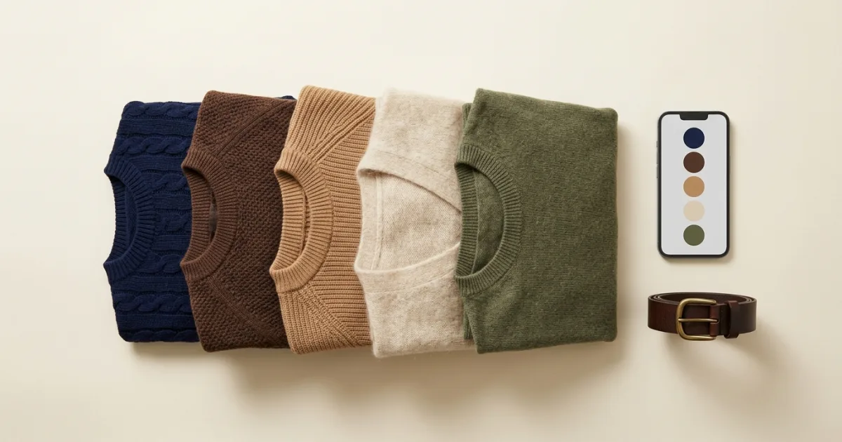 A curated wardrobe color palette of folded knits in navy, chocolate brown, camel, cream, and olive beside a phone with color swatches and a leather belt on a warm ivory surface