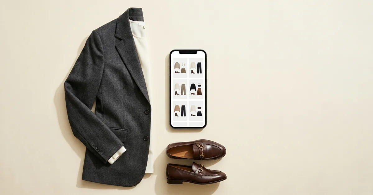 Tailored charcoal gray wool blazer with ivory top beside a phone displaying an outfit planner grid and dark chocolate horsebit loafers on a warm ivory surface