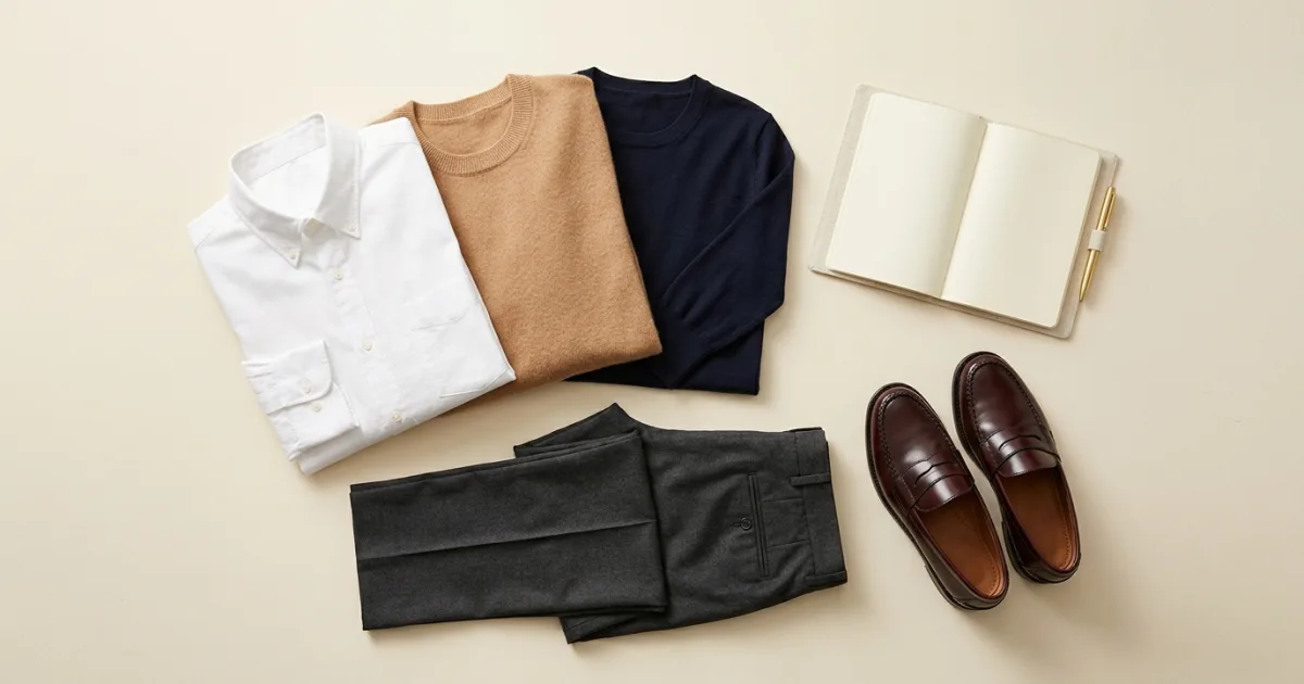 Coordinated weekly tops in white poplin, camel cashmere, and navy knit with charcoal trousers, burgundy penny loafers, and a blank linen planner on a warm ivory surface