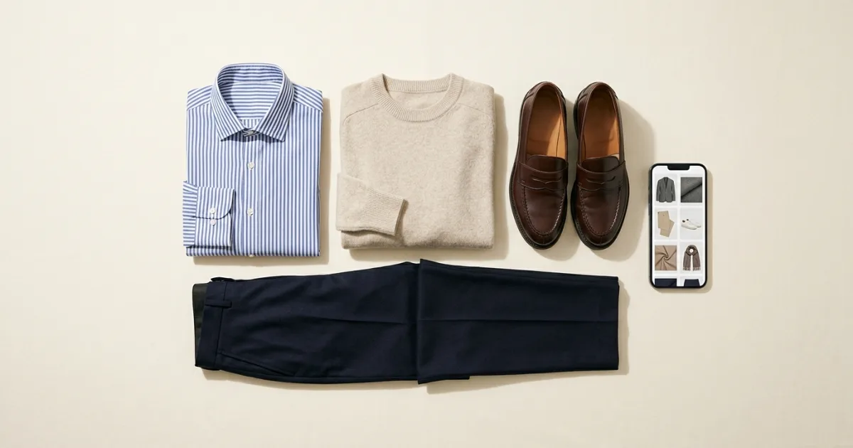 Striped poplin shirt, oatmeal cashmere knit, navy trousers, and chocolate loafers beside a phone displaying rotated wardrobe cards on a warm ivory surface