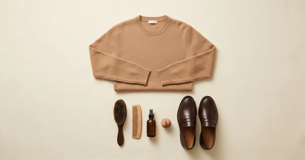 Camel cashmere sweater with wooden clothes brush, knit comb, amber spray bottle, cedar ball, and leather loafers on a warm ivory surface