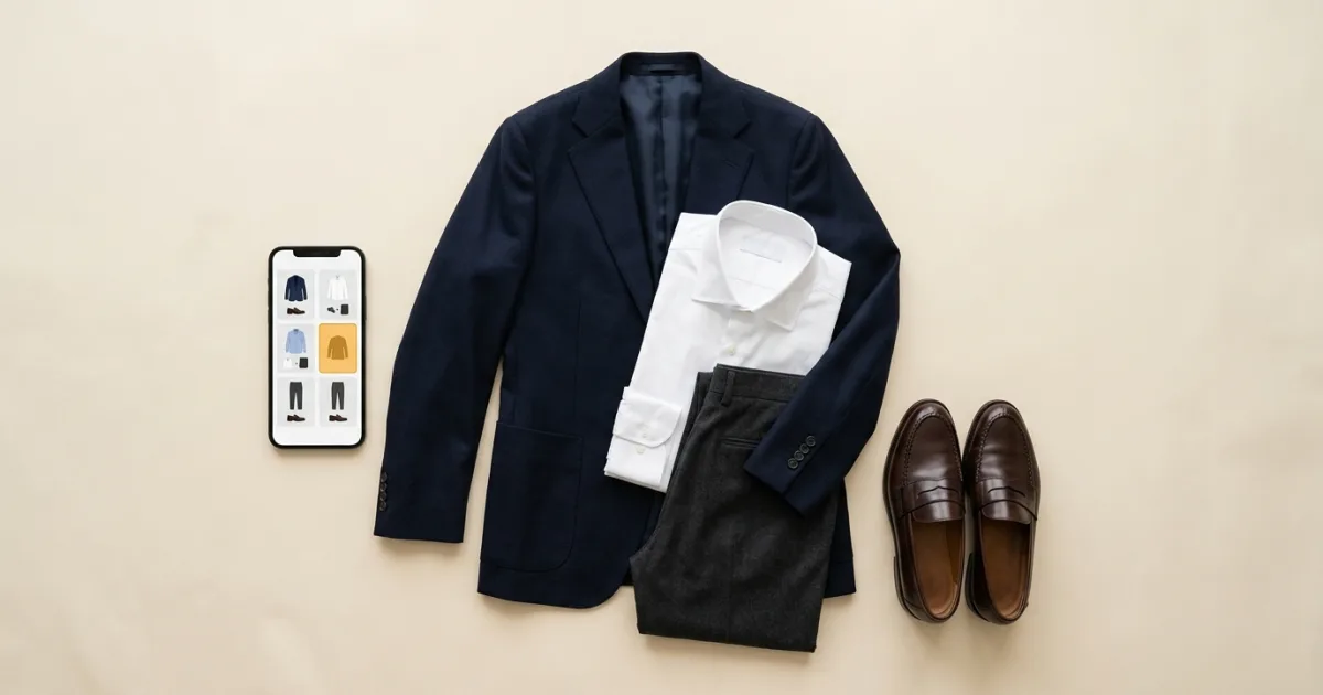 Tailored navy wool blazer with white shirt and charcoal trousers beside a phone highlighting a missing wardrobe piece and chocolate loafers on a warm ivory surface