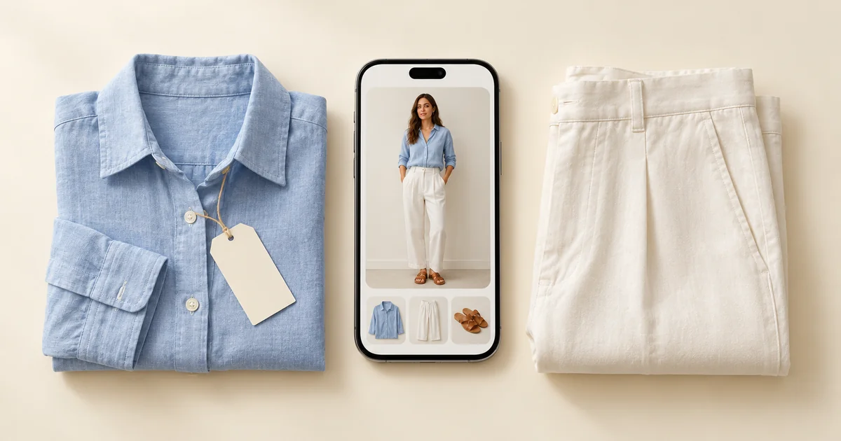 Phone showing a woman trying on a light blue linen shirt with white trousers, next to the same shirt with a blank tag