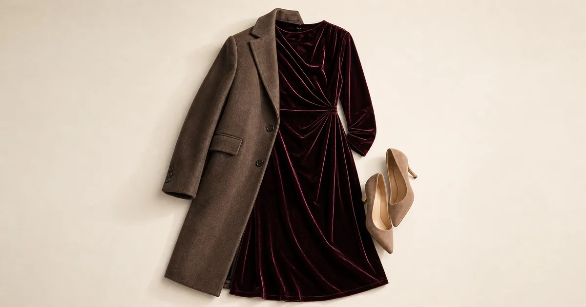 velvet midi dress + tailored coat + closed-toe heel styled for winter wedding guest outfits on a warm ivory background