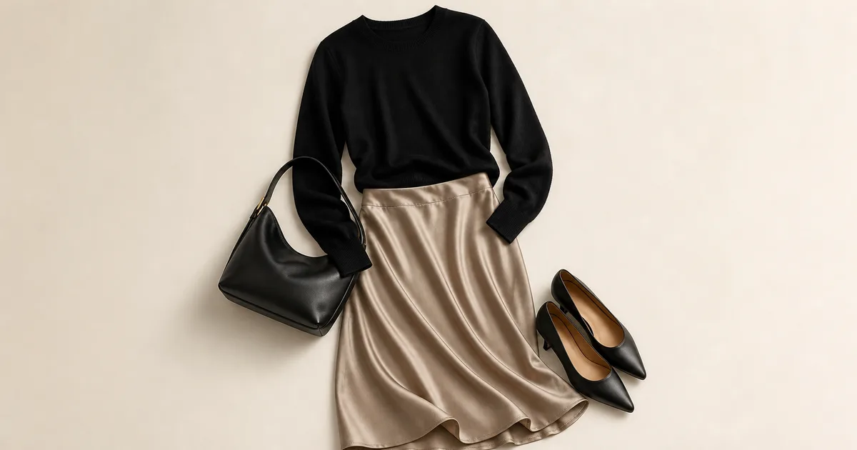 satin skirt + fine black knit + low heel styled for holiday party outfit ideas on a warm ivory background