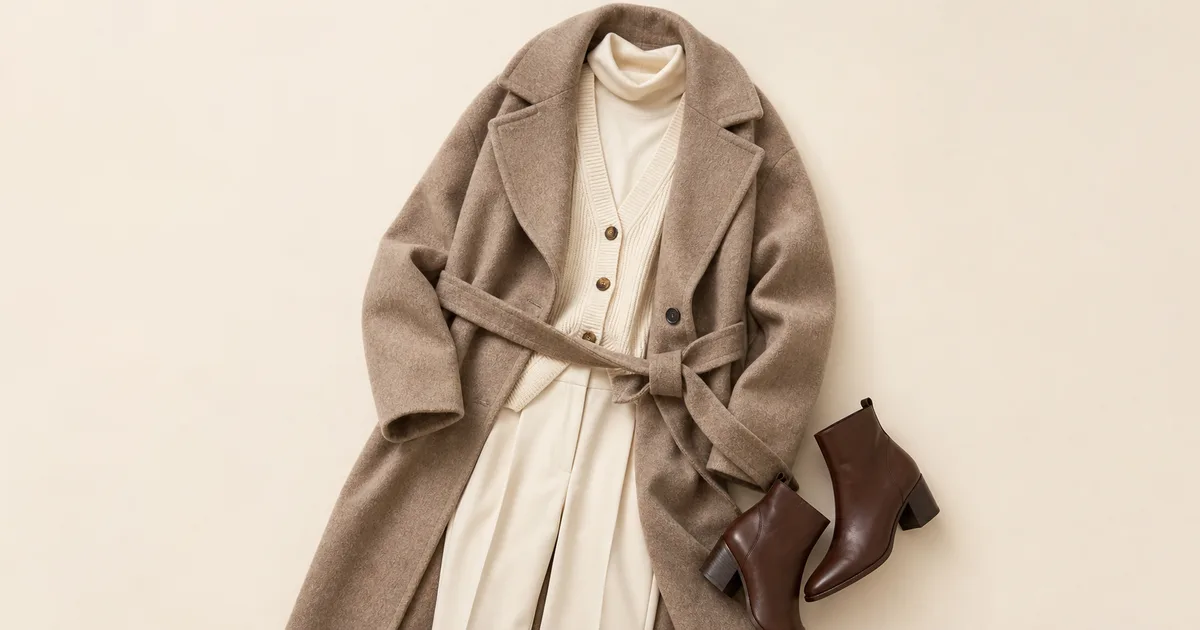 fine base + cardigan + belted wool coat styled for winter layering outfits on a warm ivory background