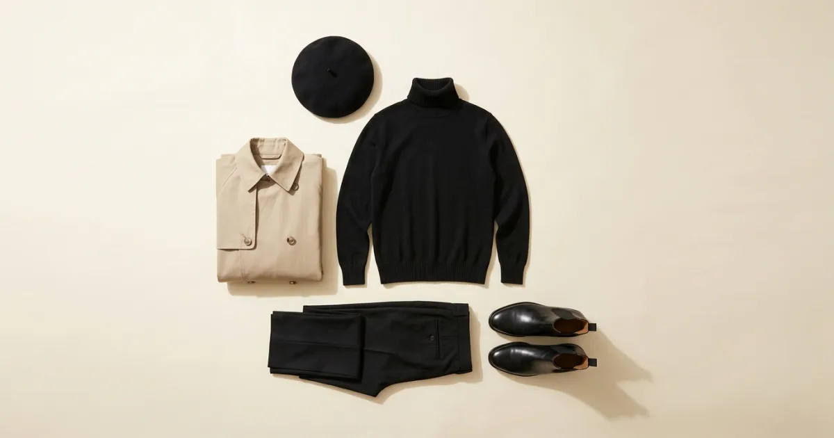 Black polo neck, trench coat, tailored trousers, beret, and leather boots laid out as a costume kit