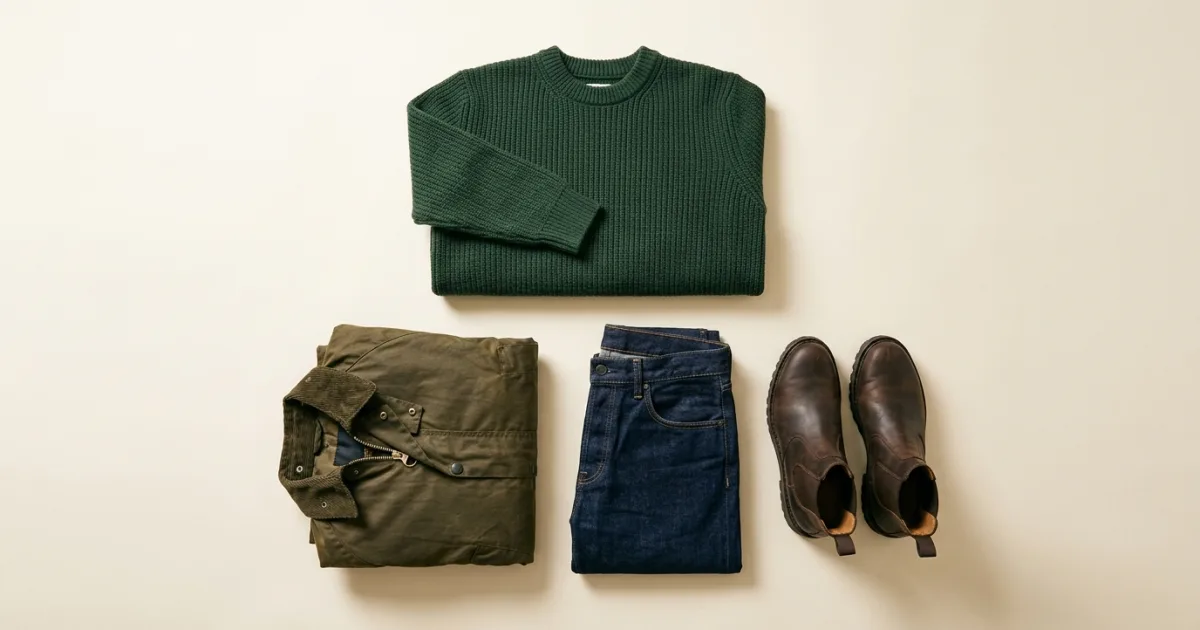 Forest green wool jumper, olive wax jacket, dark jeans, and brown leather Chelsea boots