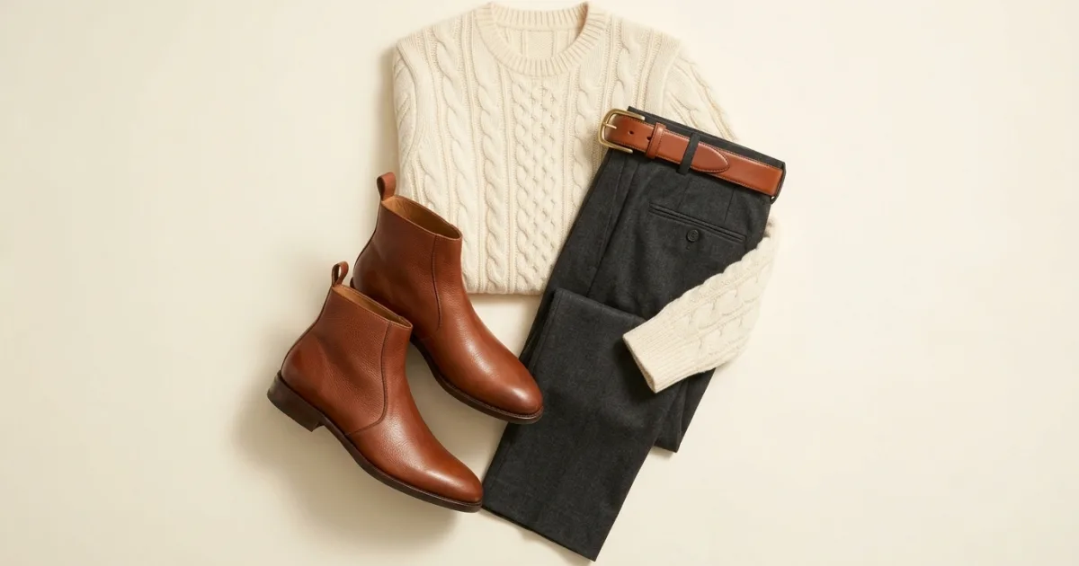 Cognac leather ankle boots shown with a cream cable knit jumper, charcoal trousers, and matching cognac leather belt