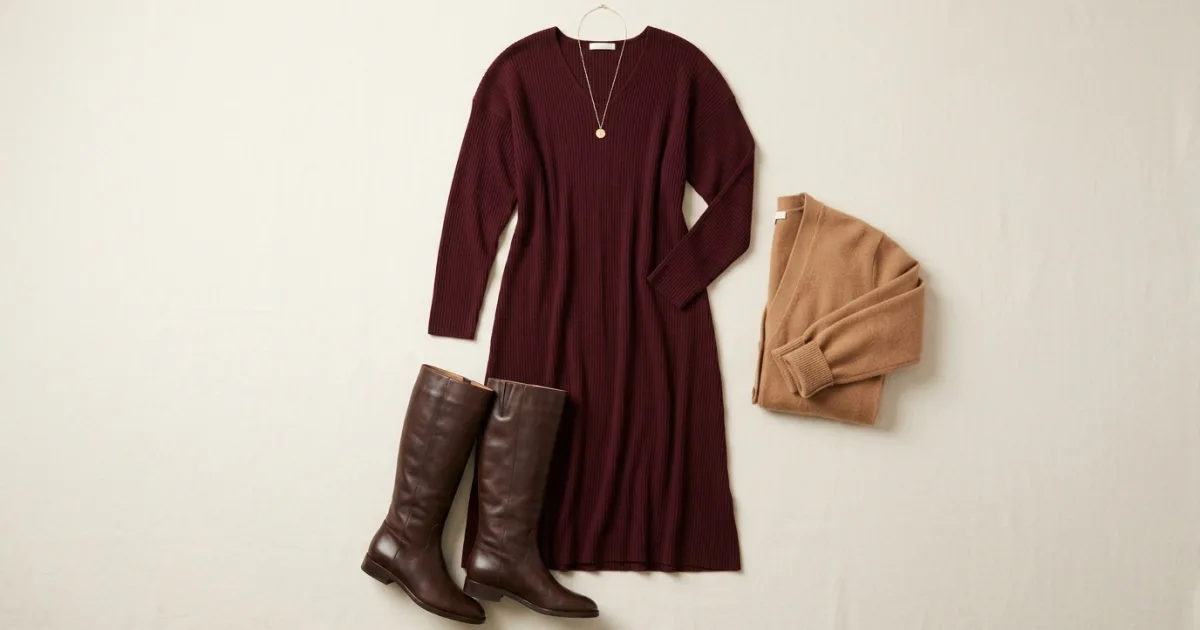 Burgundy ribbed knit midi dress shown with camel cardigan, brown leather boots, and gold necklace