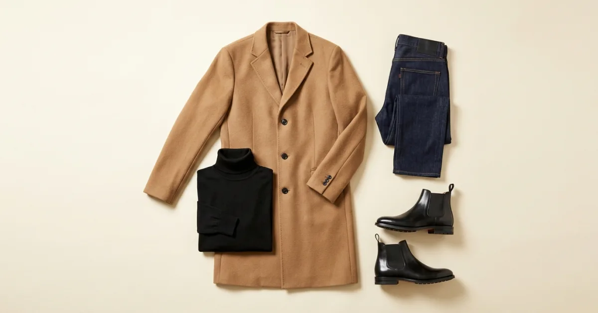 Camel wool overcoat, black turtleneck knit, dark jeans, and black Chelsea boots