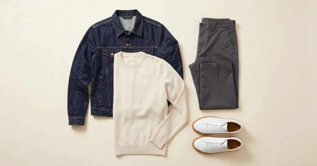 Dark indigo denim jacket shown with a cream fine-knit sweater, charcoal trousers, and white trainers