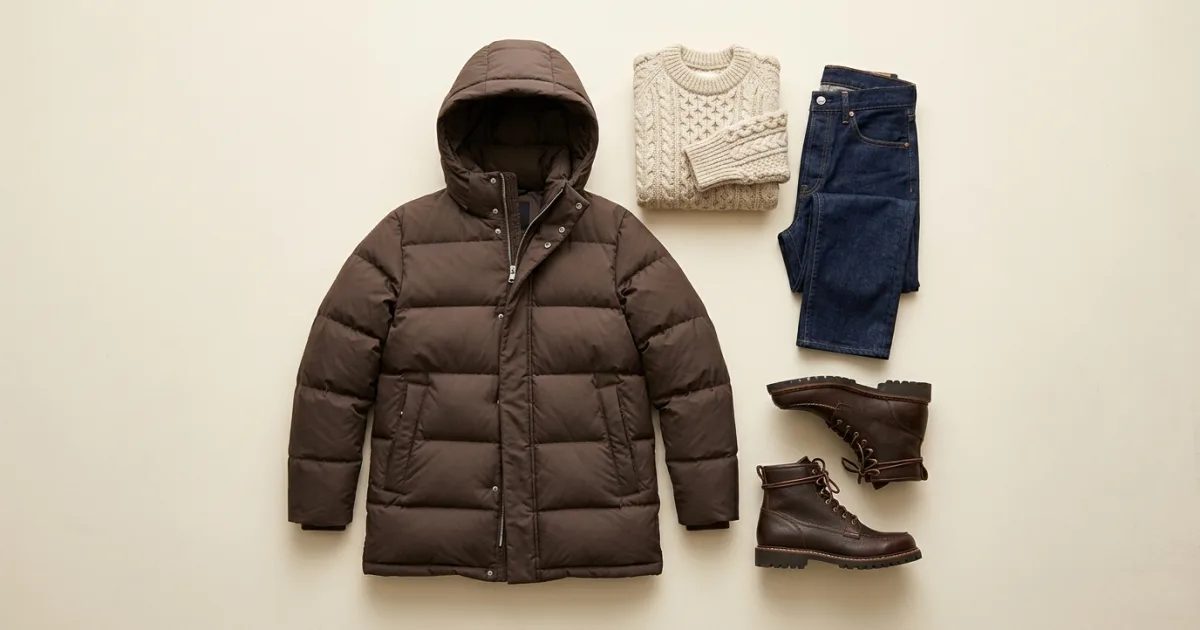 Brown hooded puffer coat shown with a cable-knit sweater, dark jeans, and leather winter boots