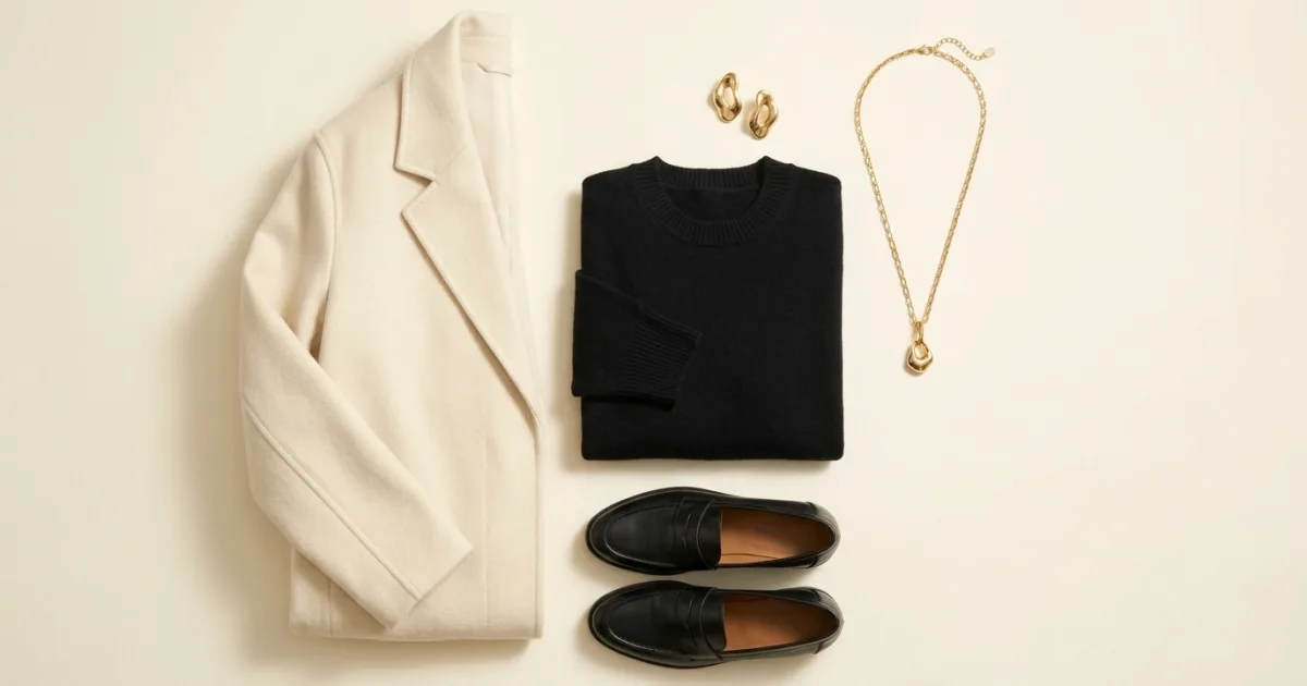Gold jewellery shown with a black fine-knit sweater, cream wool coat, and black leather loafers