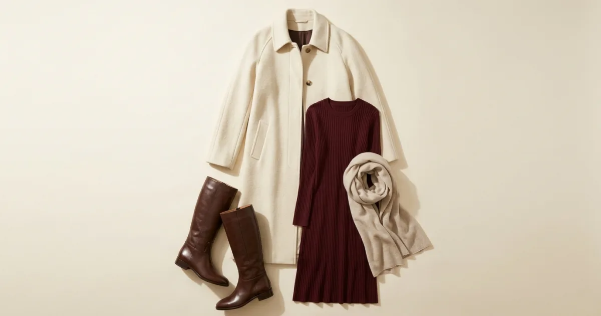 Tailored cream wool coat shown with a burgundy knit midi dress, knee-high leather boots, and oatmeal scarf