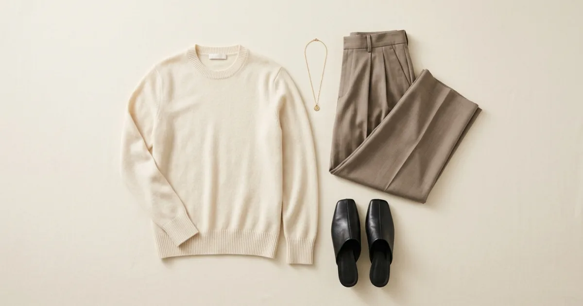 Soft cream cashmere sweater shown with fluid taupe wide-leg trousers, black leather mules, and a gold pendant