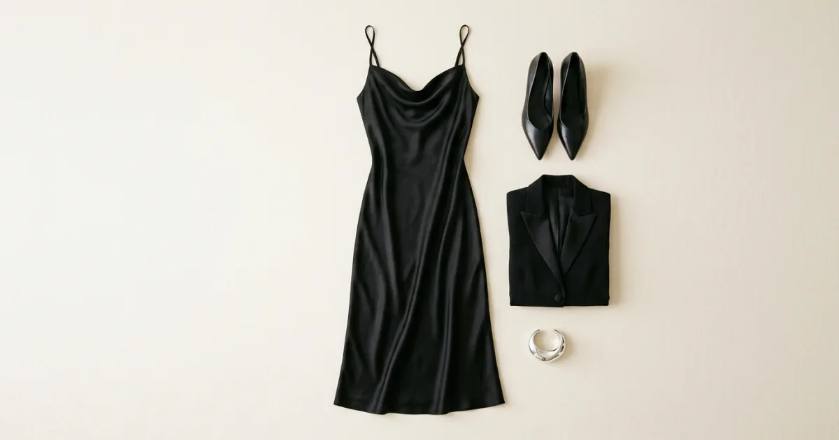 Black satin slip dress shown with black leather heels, evening blazer, and a polished silver cuff
