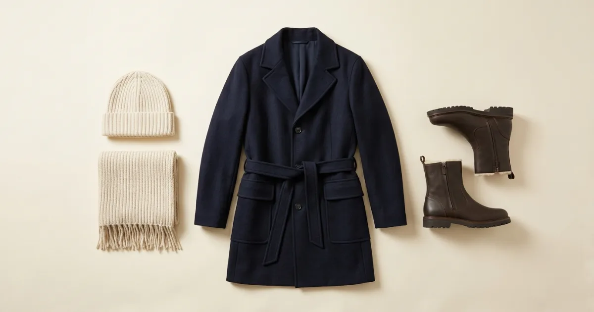 Belted navy winter coat shown with a cream ribbed beanie, matching scarf, and dark brown waterproof boots