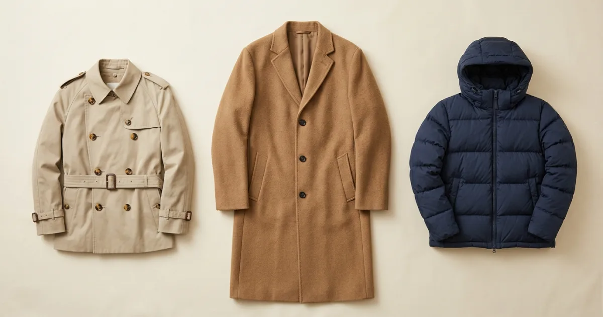 Camel wool overcoat, stone trench coat, and navy down puffer jacket laid flat for comparison