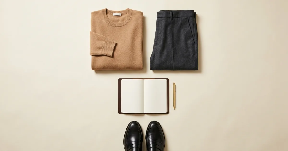 Camel cashmere sweater, charcoal trousers, notebook with pen, and black leather loafers