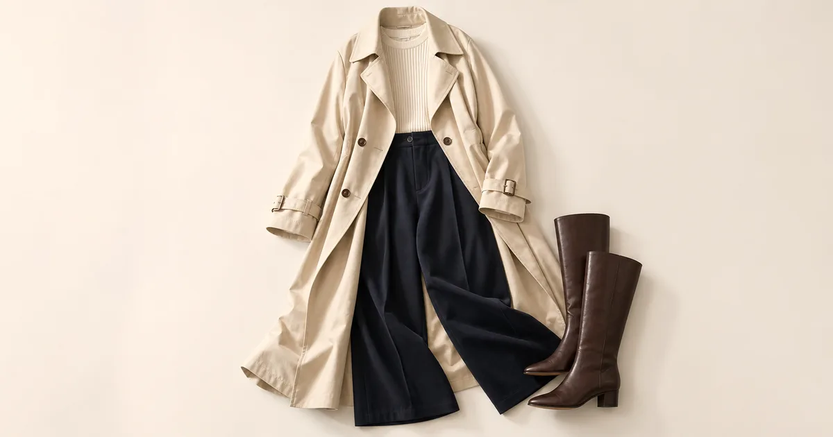 Ein steinbeiger Trenchcoat, flach ausgelegt mit einem cremefarbenen Strickpullover, einer weiten Hose in Navy und dunkelbraunen Kniestiefeln auf einem warmen, elfenbeinfarbenen Hintergrund
