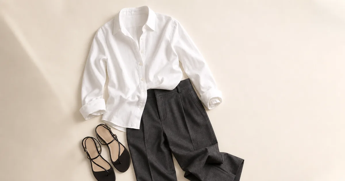 A white button-down shirt laid flat with two restrained supporting pieces on a warm ivory background
