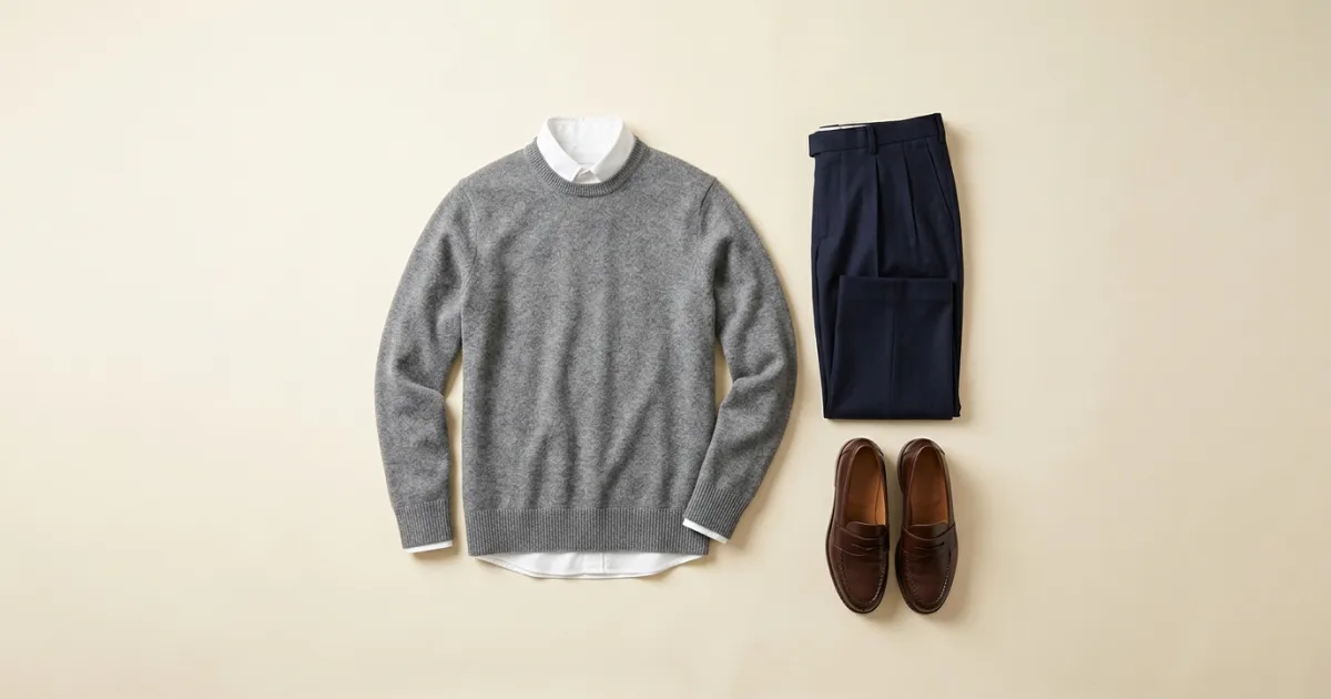 Mid-heather-gray cashmere sweater layered with a white shirt, navy pleated trousers, and dark brown loafers on a warm ivory background