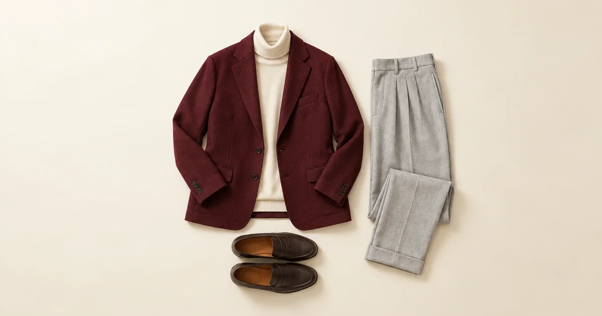Blazer wol maroon dengan turtleneck krem, celana wide-leg abu-abu muda, dan loafer cokelat gelap di atas permukaan putih gading