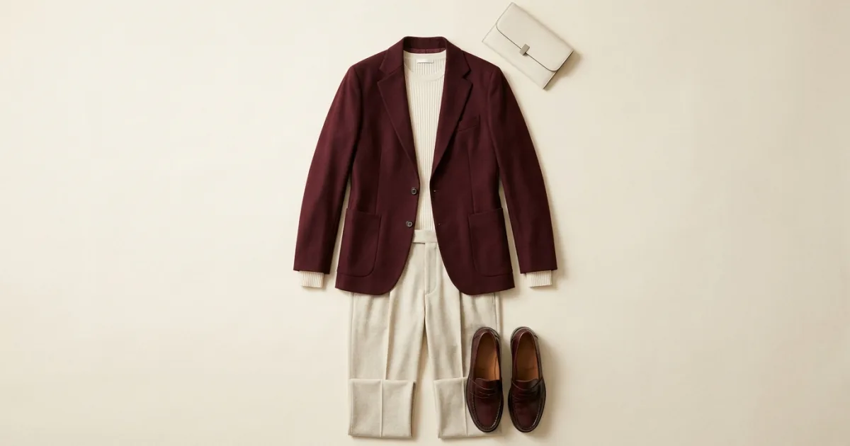 Wollblazer in tiefem Maroon über einem cremefarbenen Oberteil in Rippstrick, dazu eine haferfarbene Bundfaltenhose aus Wolle, Penny Loafer in tiefem Ochsenblut und eine cremefarbene Leder-Clutch auf einer warmen, elfenbeinfarbenen Fläche