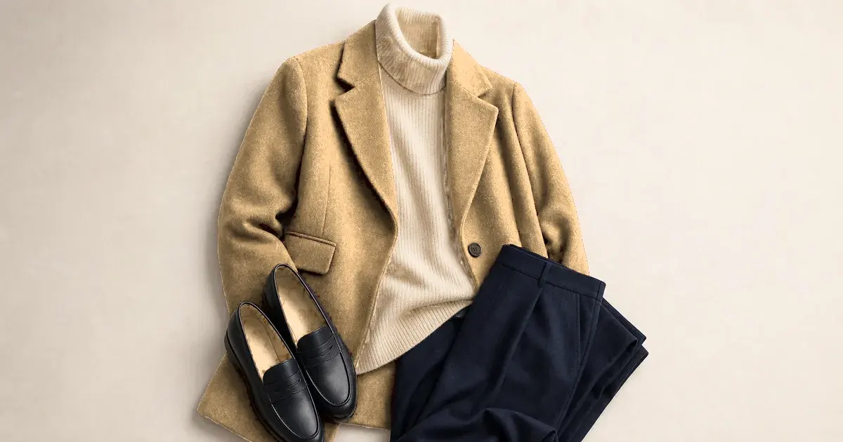 Ein Wollmantel in Camel, flach ausgelegt mit einem cremefarbenen Rollkragenpullover, einer Anzughose in Navy und schwarzen Lederloafern auf einem warmen, elfenbeinfarbenen Hintergrund