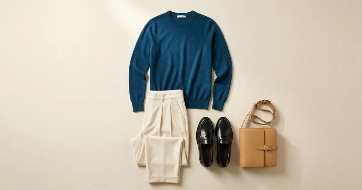 Ein Kaschmirpullover in tiefem Petrol, flach ausgelegt mit einer cremefarbenen Bundfaltenhose mit weitem Bein, schwarzen Loafern und einer Schultertasche in Camel auf einer warmen, elfenbeinfarbenen Fläche