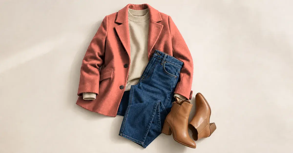 A coral wool blazer laid flat with a cream turtleneck, mid-wash jeans, and tan ankle boots on a warm ivory background