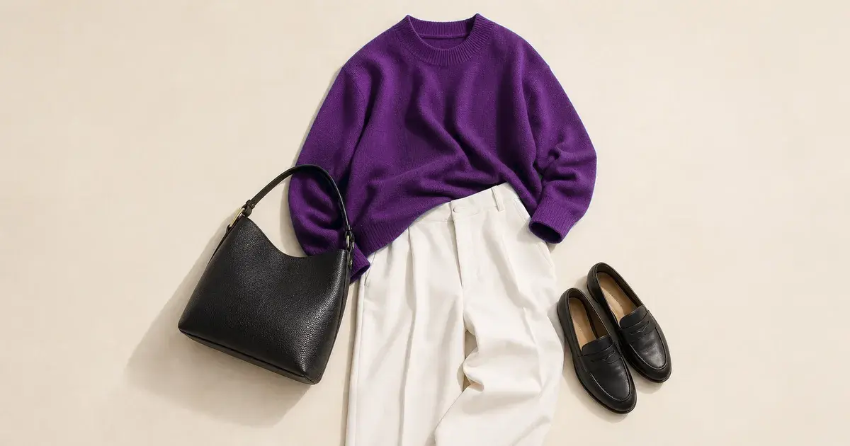 A deep purple knit sweater laid flat with cream pleated trousers, a black shoulder bag, and black loafers on a warm ivory background