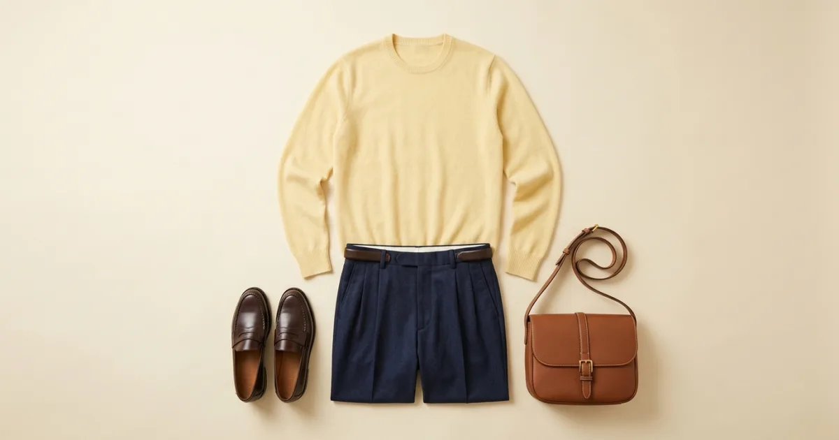 Soft butter-yellow cashmere sweater laid flat with deep navy pleated wool trousers, dark chocolate penny loafers, and a saddle-brown leather shoulder bag on a warm ivory surface