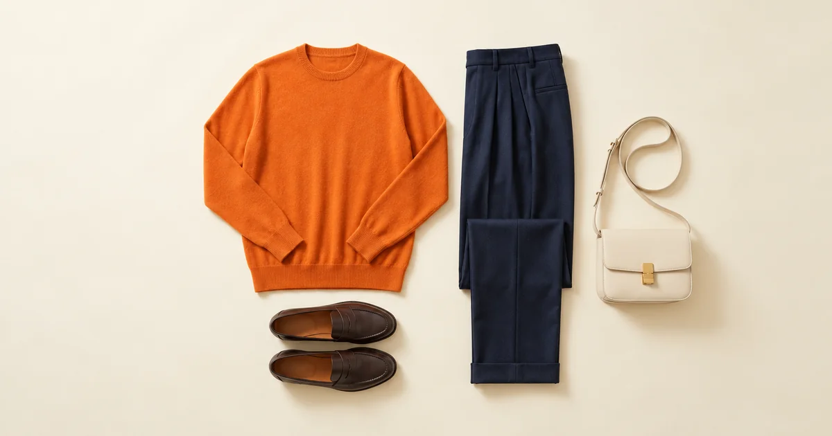 Suéter de cachemir naranja con un pantalón plisado azul marino, un bolso de piel crema y mocasines marrón oscuro sobre una superficie marfil