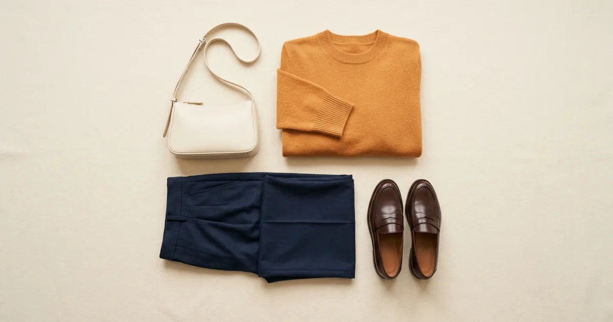 Warm amber-orange cashmere sweater laid flat with navy pleated trousers, dark chocolate penny loafers, and a cream leather bag on a warm ivory surface