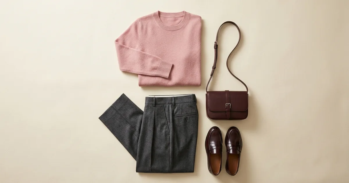 Rose-pink fine-knit cashmere sweater laid flat with charcoal-gray pleated trousers, dark burgundy loafers, and a structured burgundy bag on a warm ivory surface