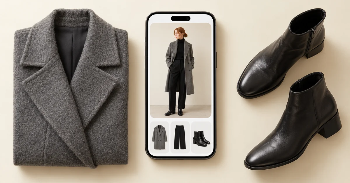 Phone showing a woman in a grey wool coat, black turtleneck and black trousers, next to the coat and black ankle boots