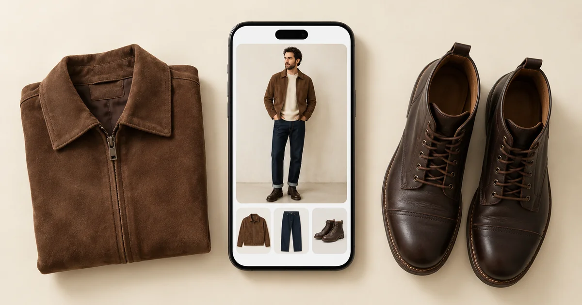 Phone showing a man in a brown suede jacket, cream knit and dark jeans, next to the jacket and brown boots