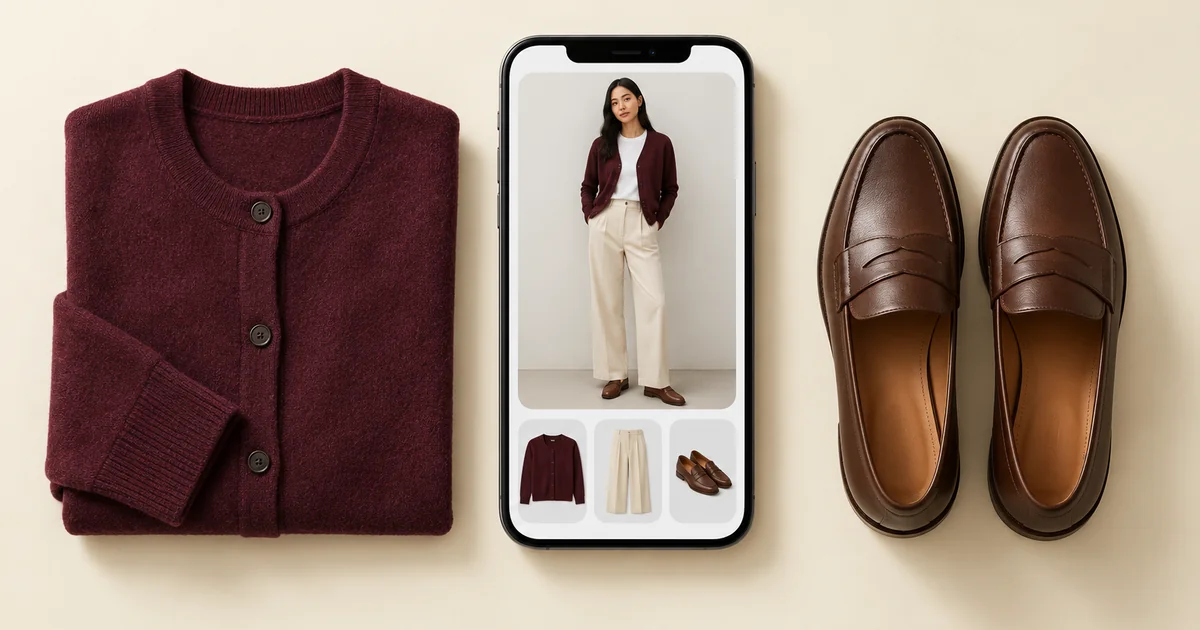 Phone showing a woman in a burgundy cardigan, cream trousers and brown loafers, next to the cardigan and loafers